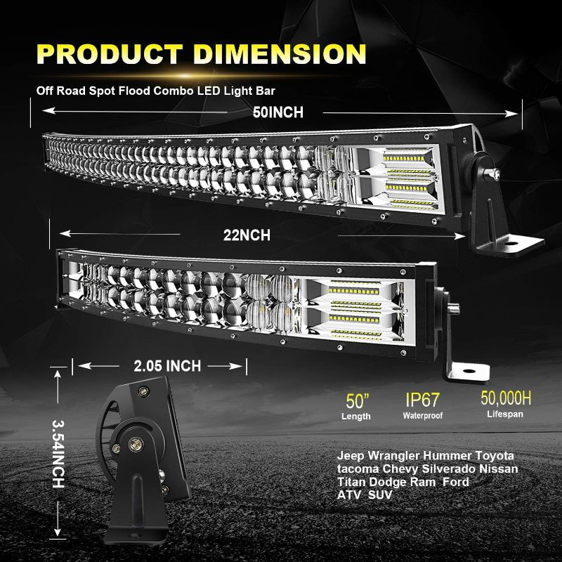 Photo 1 of ***USED - MISSING HARDWARE - UNABLE TO TEST***
LED Light Bar KEENAXIS 50 Inch 288W 22 Inch 120W Curved Spot Flood Combo Light Bars 4Pcs 4 Inch 60W Led Pods Cubes Lights for Trucks Jeep ATV UTV Boat with 3-Leads Wiring