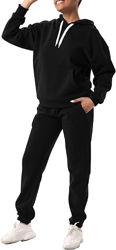 Photo 1 of 2 Piece Sweatsuit Outfits for Women Fleece Long Sleeve Hoodies Sweatshirt Casual Tracksuit Lounge Set with Pockets Large Black