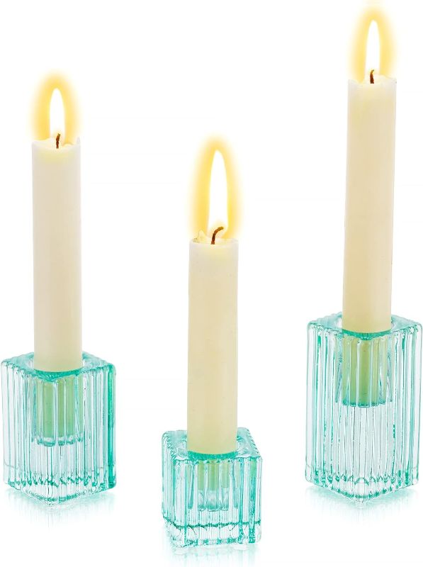 Photo 2 of **CANDLES NOT INCLUDED STOCK PHOTO** Glasseam Glass Taper Candlestick Holder: 1 set of 3 glasses Assorted Green Candle Holders for 7/8'' For Home Christmas Thanksgiving Table Décor Wedding Anniversary Centerpieces