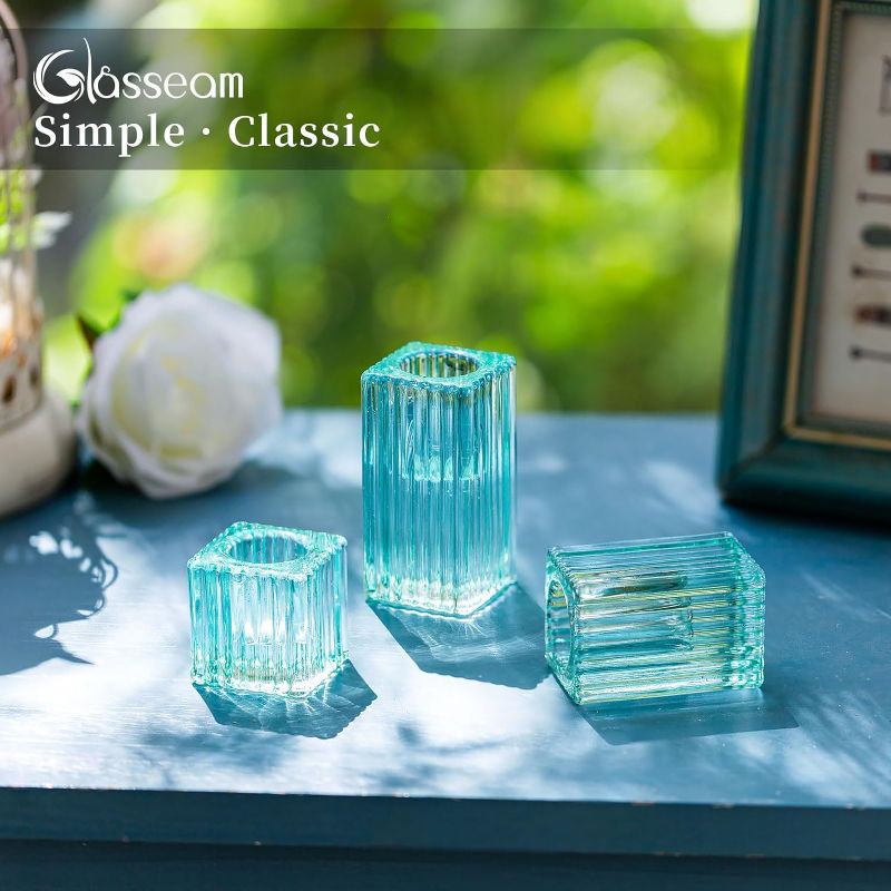 Photo 1 of **CANDLES NOT INCLUDED STOCK PHOTO** Glasseam Glass Taper Candlestick Holder: 1 set of 3 glasses Assorted Green Candle Holders for 7/8'' For Home Christmas Thanksgiving Table Décor Wedding Anniversary Centerpieces
