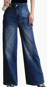 Photo 1 of Astylish Parachute Pants for Women High Waist Cargo Baggy Boyfriend Y2K Denim Jeans 14