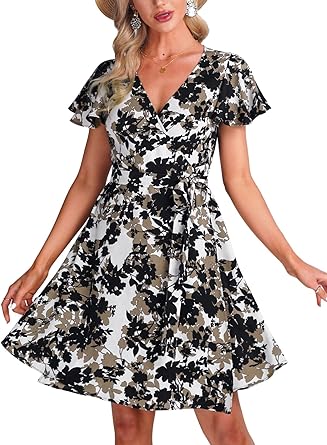 Photo 1 of DJT Women's Summer Floral Casual Wrap V Neck Short Sleeve Split Beach Party Dress with Belt medium