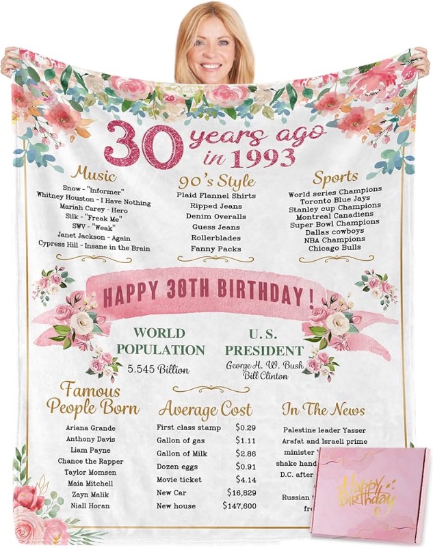 Photo 1 of 30th Birthday Gifts for Her, 30th Birthday Blanket with Gifts Box, Birthday Gifts for 30 Year Old Women, 30th Birthday Decorations for Women, Happy 1993 30th Birthday Gifts for Women Wife Mom Friends