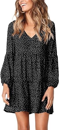 Photo 1 of Women's Summer Backless Short Sleeve V Neck Swing Mini Dress Polka Dot Casual Loose Fit Flowy Tunic Dress M