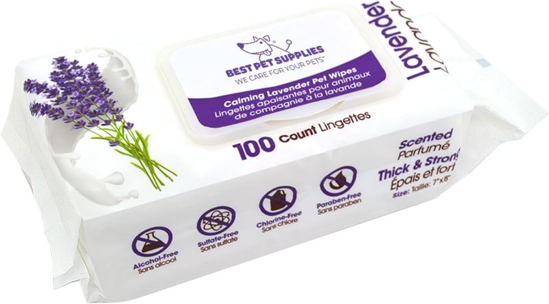 Photo 1 of Best Pet Supplies Pet Grooming Wipes for Dogs and Cats, Plant-Based Deodorizer for Coats and Dry, Itchy, or Sensitive Skin, Clean Ears, Paws, Body, and Butt, Non-Sticky, Alcohol Free Calming Lavender 100 count (Pack of 1)