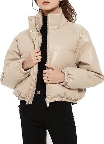 Photo 1 of Kissonic Women's Cropped Quilted Puffer Jacket Winter Faux Leather Padded Parka Coat - M 