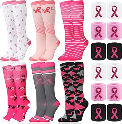 Photo 1 of 6 Sets Breast Cancer Awareness Accessories Include 6 Pcs Sweatband 6 Pair Breast Cancer Awareness Socks 6 Pair Pink Ribbon Wristbands for Women Breast Cancer Awareness Tennis Basketball Athletic