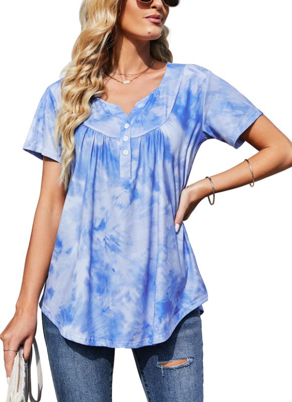 Photo 1 of HOCOSIT Womens V Neck Tie Dye Tops Short Sleeve Summer Blouse Casual Swing Shirts Button Up Tunic Large Blue