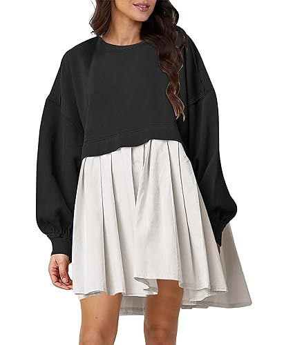 Photo 1 of MSBESYOR Women Oversized Crewneck Sweatshirt Dress Patchwork Contrast Long Sleeve Pullover Top Pleated Sweatshirt Mini Dress Large Black& White