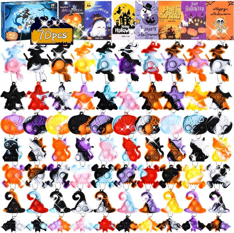 Photo 1 of 70 Pcs Halloween Pop Fidget Toys Pack Mini Pop Keychain Toys Bulk Halloween Party Favors for Kids Trick or Treat Bags Gifts Stress Relief Desk Toy (70 PCS...