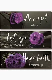 Photo 1 of 3 Pcs Flower Wall Decor Inspirational Wooden Wall Art Motivation Quotes Sign Bathroom Decor Elegant Wall Hanging Living Room for Bedroom Office (Purple, 16 x 5 Inch)