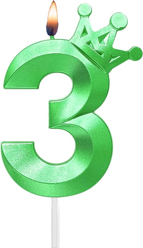 Photo 1 of 3.15in Green Number Three Birthday Candle with Crown Shape Decor, Large Size Green 3 Cake Cupcake Toppers Decorating and Celebrating for Adults/Kids Party and Baking.(Green3) Green number 3