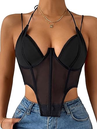 Photo 1 of COZYEASE Women's Contrast Mesh Asymmetrical Hem Crop Cami Top Solid Halter Tank Top MEDIUM