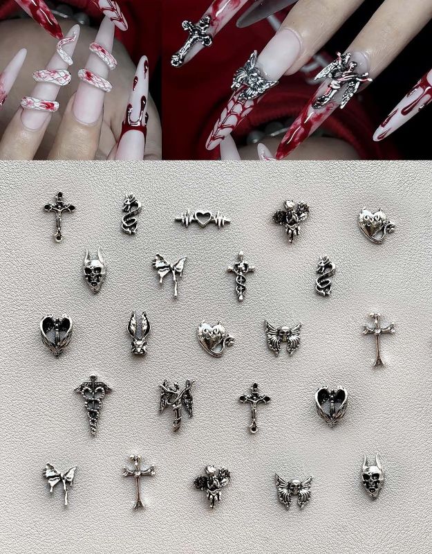 Photo 1 of 130pcs 3D Silver Metal Nail Charms Y2K Chrome Nails Art & DIY Punk Bracelet Accessories, Vintage Alloy Butterfly Cross Heart Skull Acrylic Charm for Women Girls, DIY Necklace or Bracelet Supplies
