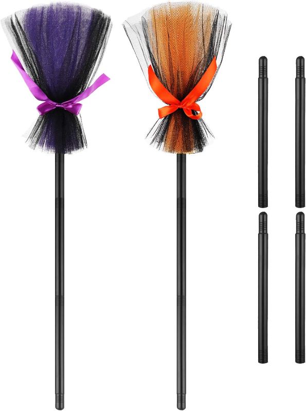 Photo 1 of 2 Pieces Halloween Witch Broom Kids Cosplay Broom Prop Plastic Broom Props for Halloween Party Costume Accessories, Orange and Purple
