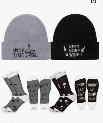 Photo 1 of 4 Pcs Christmas Wine Gifts for Men Women Gifts for Wine Lover Funny Wining Socks and Beanie Hat Set Unique Stocking Stuffers