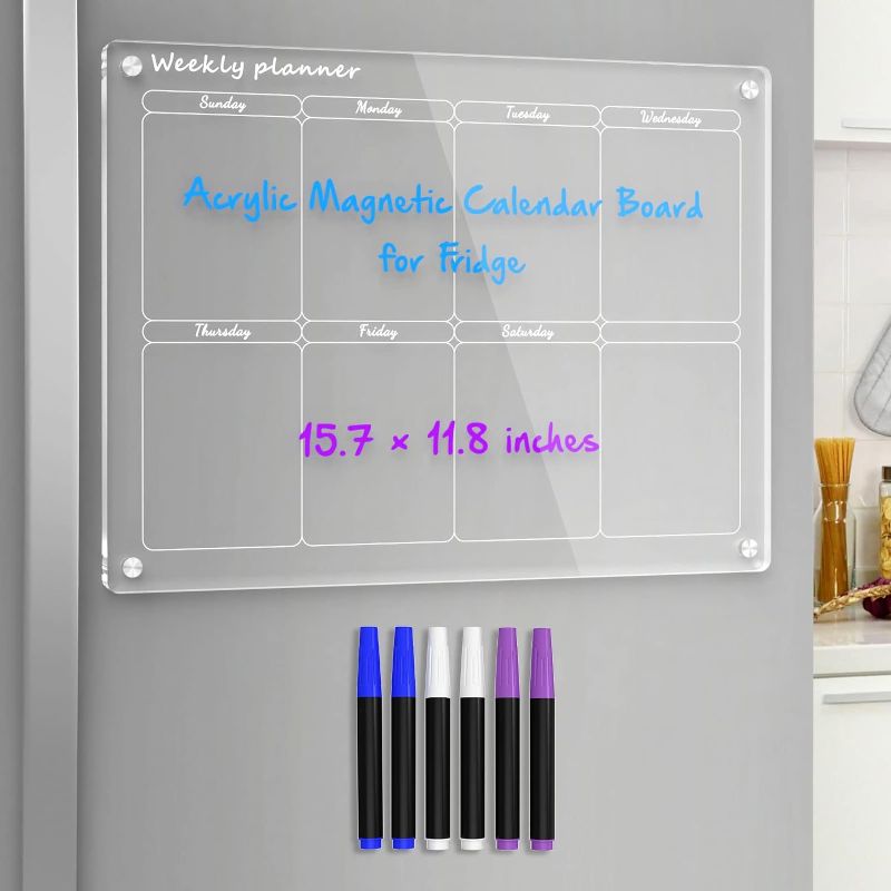 Photo 1 of HTTW Magnetic Fridge Calendar - Clear Acrylic Dry Erase Board with 6 Markers and 6 Strong Magnets - Stay Organized with This 12x16 inch Calendar for Fridge