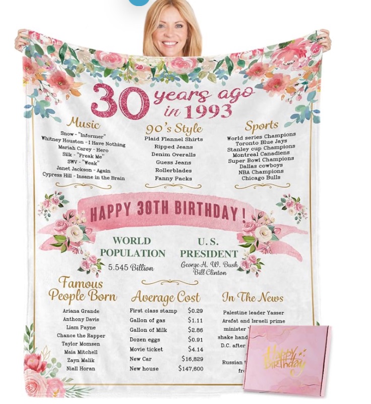 Photo 1 of 30th Birthday Gifts for Her, 30th Birthday Blanket with Gifts Box, Birthday Gifts for 30 Year Old Women, 30th Birthday Decorations for Women, Happy 1993 30th Birthday Gifts for Women Wife Mom Friends