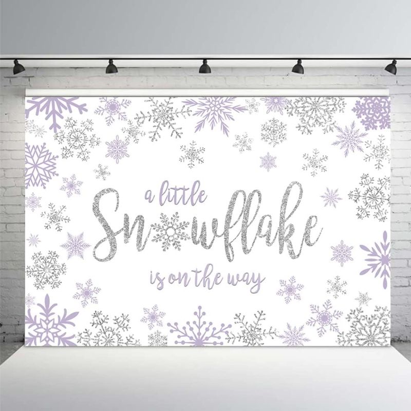 Photo 1 of MEHOFOND Winter Snowflake Kids Baby Shower Backdrop Purple and Silver Photography Background Party Decorations Winter Wonderland Photo Studio Banner for Cake Table Supplies 7x5ft 7x5ft Purple