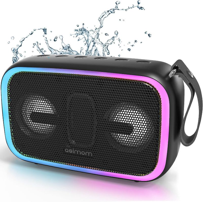 Photo 1 of ASIMOM Portable Bluetooth Speaker with 28W Loud Bass, IPX7 Waterproof Wireless Speaker, Dual Stereo Pairing, Bluetooth 5.0, Colorful Lights for Outdoor Beach Pool To Black