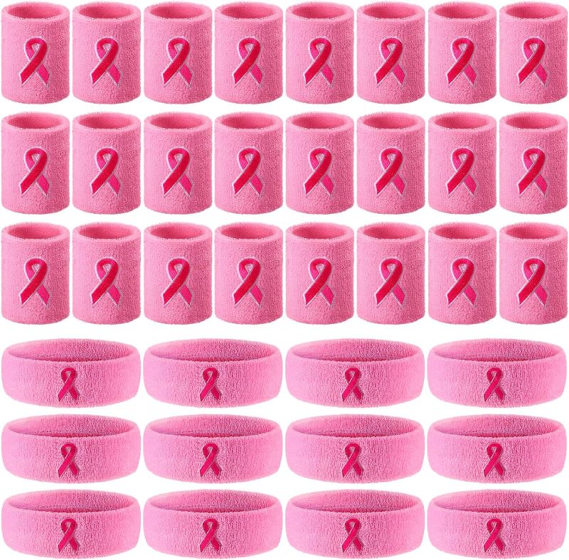 Photo 1 of 36 Pcs Breast Cancer Awareness Sweatbands Set Pink Ribbon Awareness Sport Headbands Includes 24 Pcs Athletic Wrist Bands 12 Pcs Head Sweat Bands for Women Awareness Month Pink, Black, White