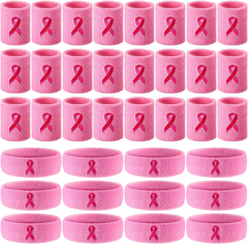 Photo 1 of 36 Pcs Breast Cancer Awareness Sweatbands Set Pink Ribbon Awareness Sport Headbands Includes 24 Pcs Athletic Wrist Bands 12 Pcs Head Sweat Bands for Women Awareness Month Pink, Black, White