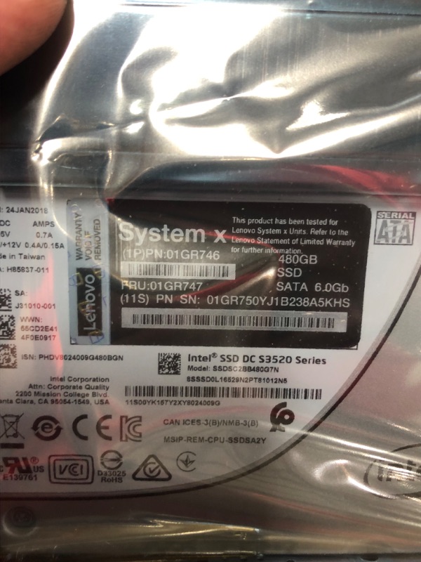 Photo 5 of Intel S3520 Enterprise Entry - SSD - 480 GB - hot-swap - 3.5" - SATA 6Gb/s - for System x3250 M6 (3.5"); x3550 M5 (3.5"); x3650 M5 (3.5")