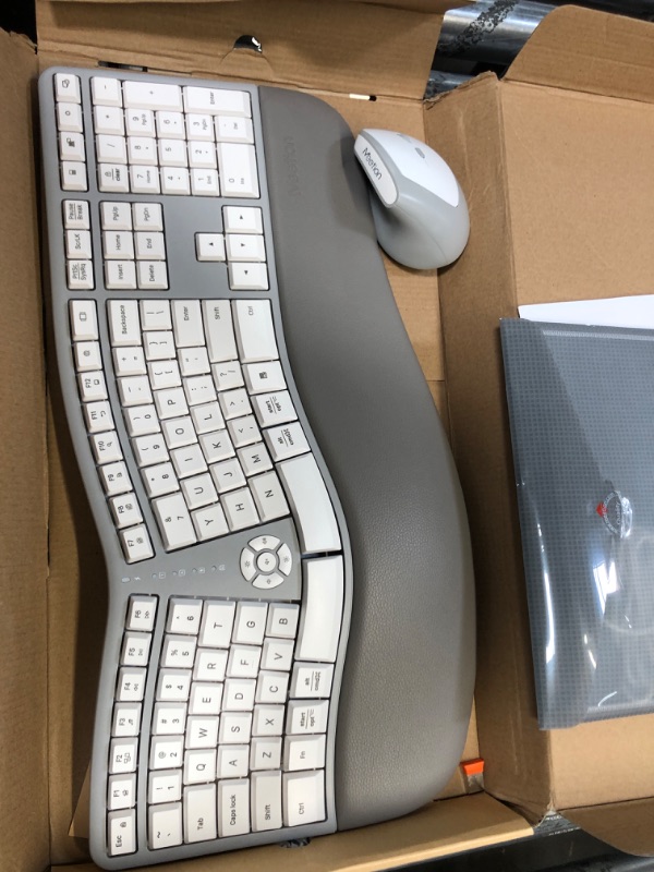 Photo 1 of MEETION Ergonomic Wireless Keyboard and Mouse, Ergo Keyboard with Vertical Mouse, Split Keyboard with Cushioned Wrist Palm Rest Natural Typing Rechargeable Full Size, Windows/Mac/Computer/Laptop, Gray Large White Gray