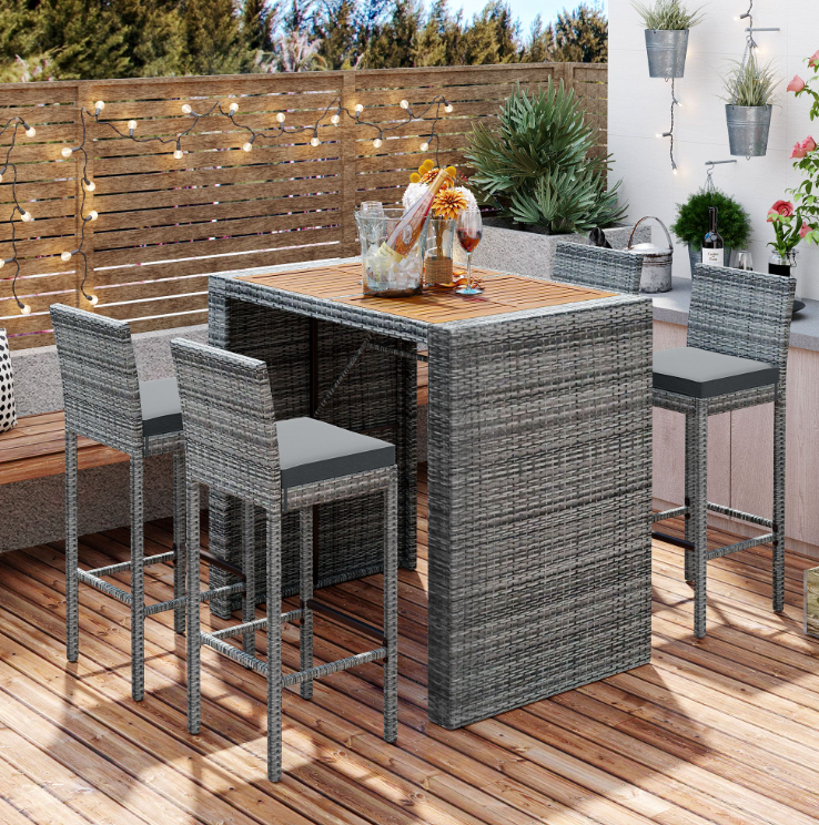 Photo 1 of 5-Piece Outdoor Patio Wicker Bar Set, Brown Wood & Gray Wicker FedEx/UPS
