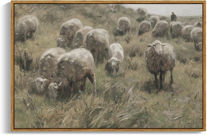 Photo 1 of InSimSea Framed Canvas Wall Decor, Sheep on the Dunes Wall Pictures Farmhouse Wall Art, Large Hanging Wall Art Living Room Decor, Bathroom Bedroom Office Decor 24x36in
