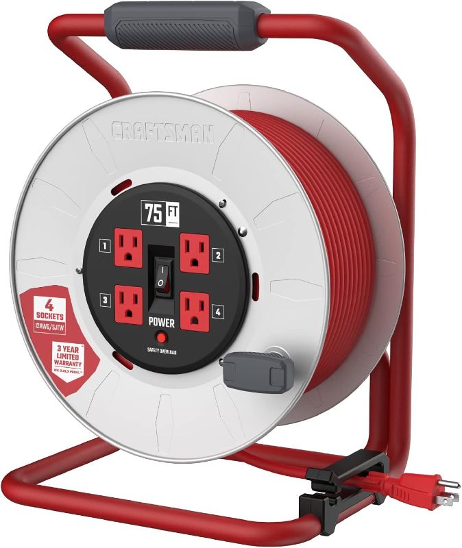 Photo 1 of **TESTED SOCKETS AND FUNCTIONAL**
CRAFTSMAN Contractor Edition Retractable Extension Cord Reel 75 Ft. With 4 Outlets & Heavy Duty 12AWG SJTW Cable
