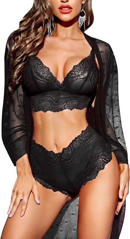 Photo 1 of 
RSLOVE Women Sexy Lingerie Set 3 Piece Lace Kimono Robe with Bra and Panty Sheer Sleepwear Small