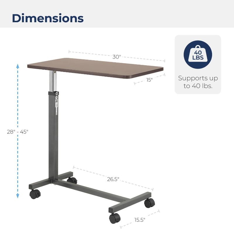 Photo 3 of (READ FULL POST) Drive Medical 13067 Adjustable Non Tilt Top Overbed Table With Wheels for Hospital and Home Use, Standing Desk, Walnut
