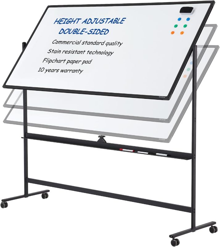 Photo 1 of Large Dry-Erase Rolling Magnetic Whiteboard - 48 x 32 Inches White Board Height Adjust Double Sides Mobile Portable Easel on Wheels, Dry Erase Board with Stand for Office, Home & Classroom Black 48*32 inches