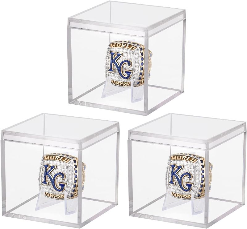 Photo 1 of 3 Pack Championship Ring Display Case Clear Acrylic Display Case Mini Baseball Softball Ring Display Case Single Ring Display Stand Holder 1 Slot Ring Hole Storage Box Gift for Sports Fans, 2.16 Inch
