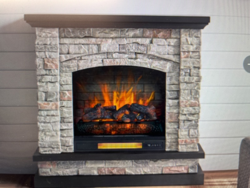 Photo 1 of allen + roth 43.5-in W Stacked Faux Sandstone with Coffee Oak Infrared Quartz Electric Fireplace