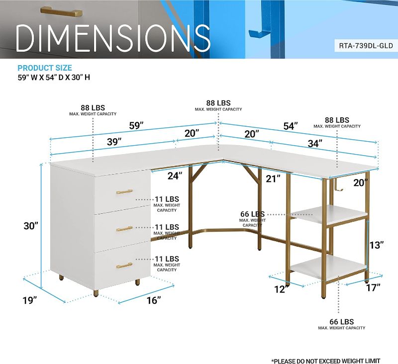 Photo 6 of (READ FULL POST) Techni Mobili L Shaped Desk - Two-Toned Computer Desk with Drawers & Storage Shelves - Simple Modern Furniture & Home Office Space Corner Table for Work & Writing
