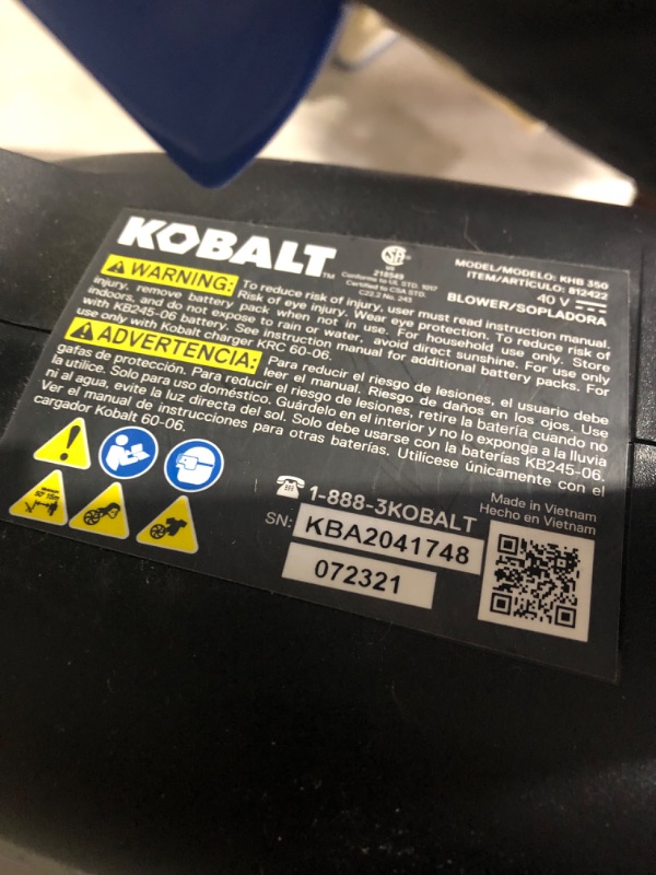 Photo 4 of * missing battery *
Kobalt Gen4 40-Volt 520-CFM 120-MPH Brushless Handheld Cordless Electric Leaf Blower 