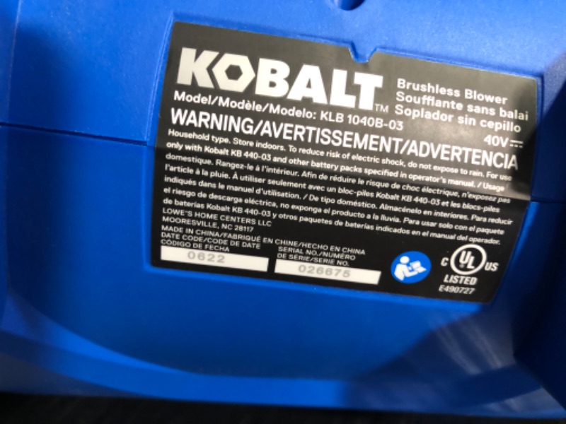 Photo 5 of ****USED - NO BATTERY - UNABLE TO TEST***
Kobalt Gen4 40-Volt 520-CFM 120-MPH Brushless Handheld Cordless Electric Leaf Blower (Tool Only)