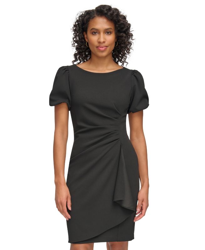 Photo 1 of Dkny Women's Short Puff Sleeve Ruched Waist Solid Sheath Dress, Black, 16