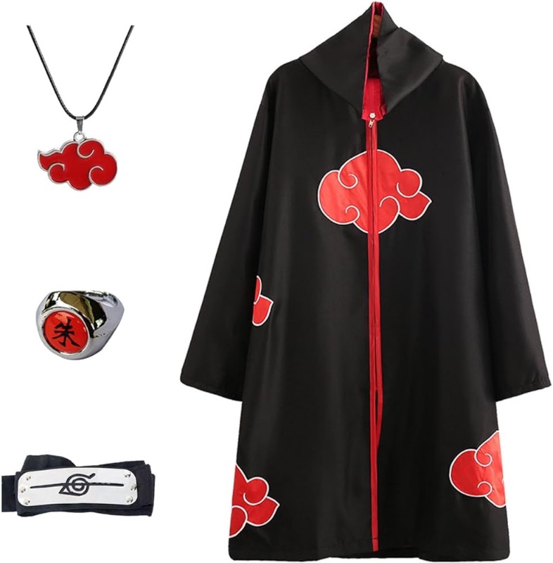 Photo 1 of Anime Ninja Cosplay Costumes Cloak Red Clouds Embroidery for Kids and Adults, with Headband, Necklace and Ring