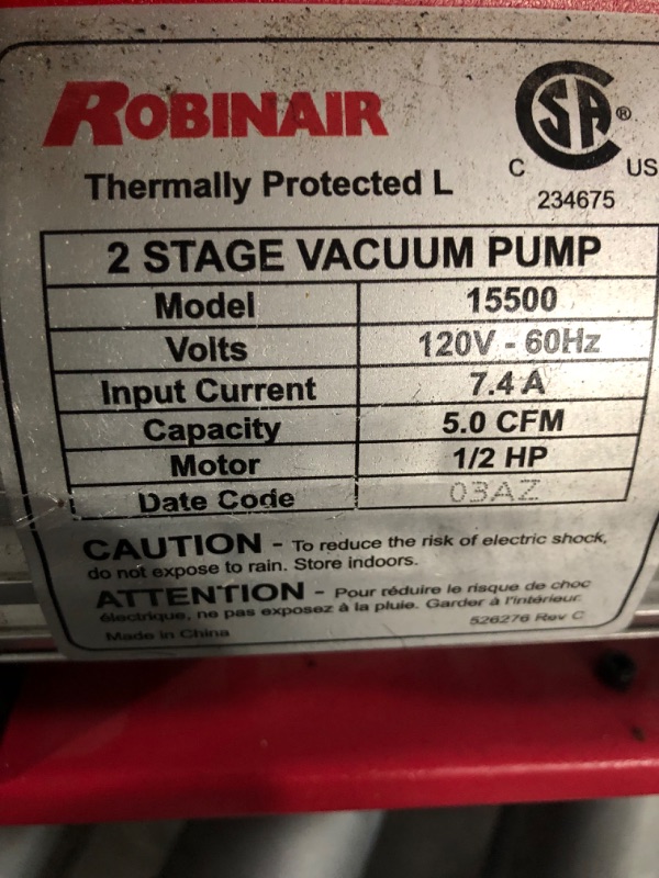 Photo 2 of Robinair (15500) VacuMaster Economy Vacuum Pump - 2-Stage, 5 CFM , Red