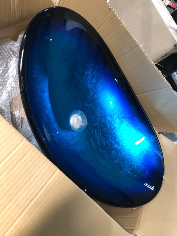 Photo 3 of Bathroom Oval Glass Vessel Sinks Countertop Basin Bowl Combo Blue Black, Vanity Waterfall Single Hole Mixer Faucet , Waste Pop-up Drain Set