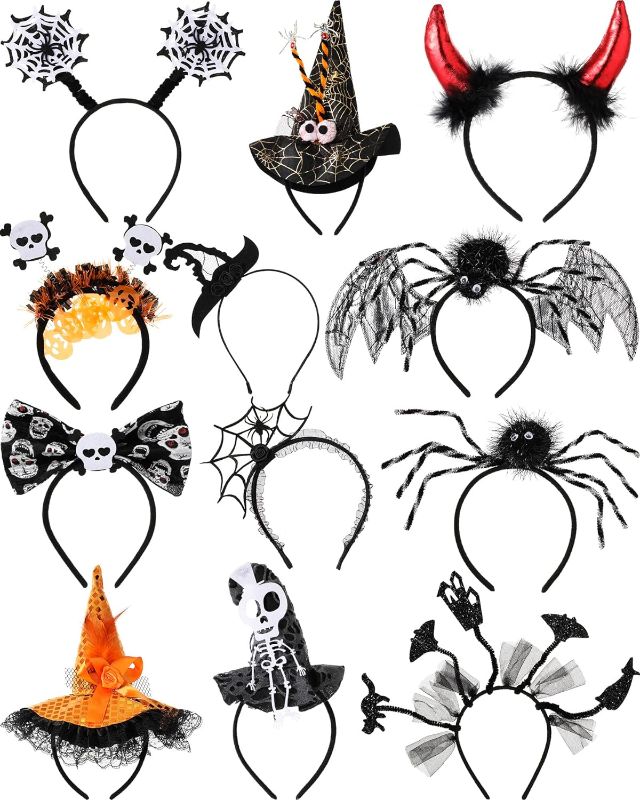 Photo 1 of 12 Pack Halloween Witch Hat Headbands for Women Devil Horns Spider Web Headbands Halloween Headbands for Halloween Costume Skeleton Bat Halloween Party Supplies, 12 Styles