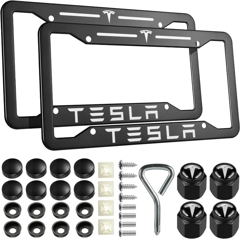 Photo 1 of 2PCS License Plate Frames for Tesla,Carbon Fiber Printing License Plate Holder Bracket, Premium Aluminum Alloy Weather Proof License Plate Covers with Screw Caps Cover Set Car Accessories Fit Tes.la