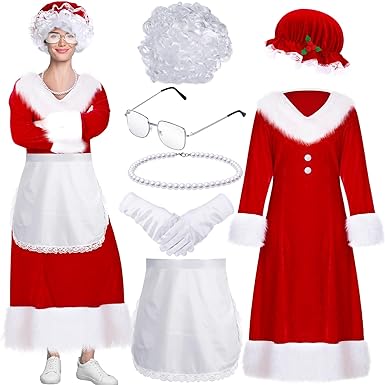 Photo 1 of Shinymoon 7 Pcs Mrs. Claus Costume for Women Santa Claus Costume Thick Velvet Santa Dress Outfit for Christmas Party