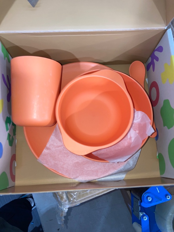 Photo 2 of (READ FULL POST) Corndrop Suction Plates for Toddlers Baby Set of 6 - Shatter Proof, Eco-Friendly, Stylish and Reusable PLA Kids Dinnerware Sets - Including Round Plate, Cup, Spoon, Fork, and 2 Bowls (Orange) Round Orange