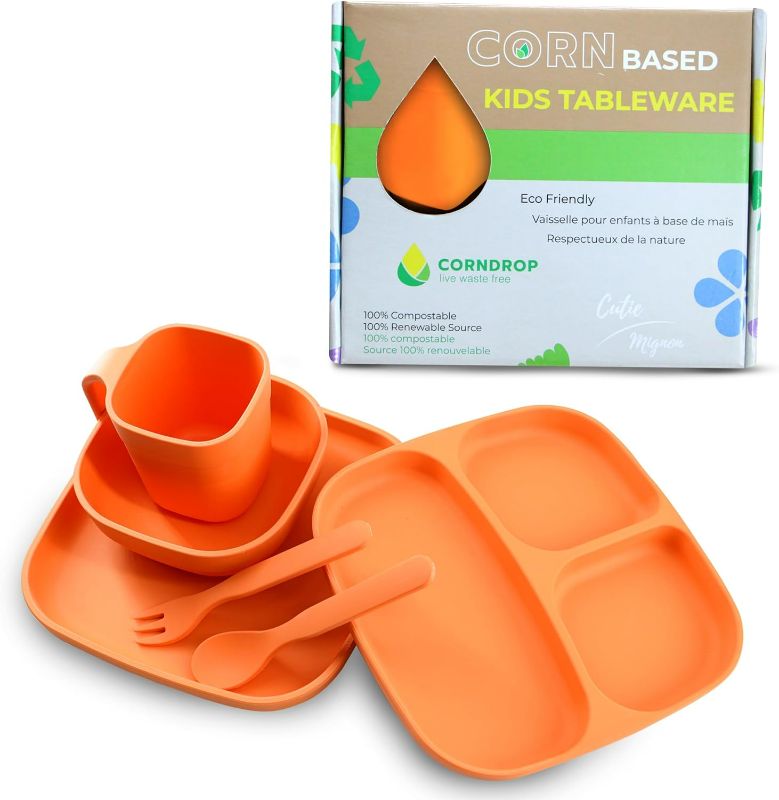 Photo 1 of (READ FULL POST) Corndrop Suction Plates for Toddlers Baby Set of 6 - Shatter Proof, Eco-Friendly, Stylish and Reusable PLA Kids Dinnerware Sets - Including Round Plate, Cup, Spoon, Fork, and 2 Bowls (Orange) Round Orange