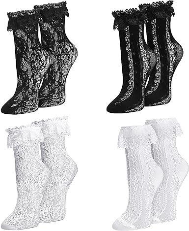 Photo 1 of 4 Pairs Women's Lace Ankle Socks Ruffle Frilly Socks,White Black Mesh Lace Trim Socks Lolita Socks 2 pack