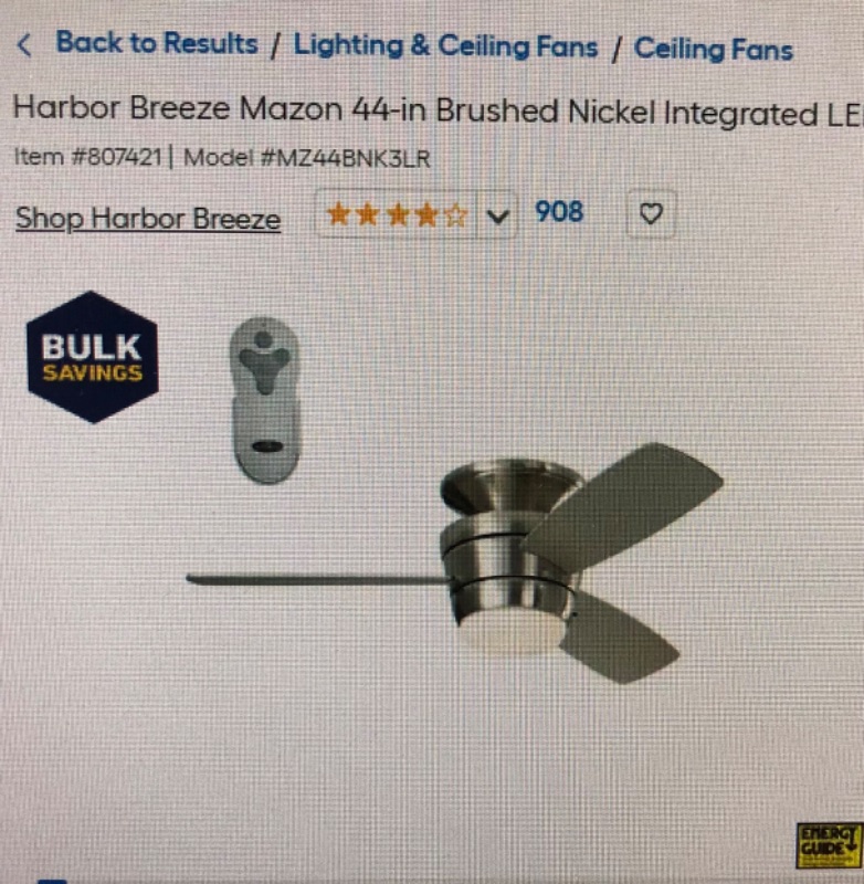 Photo 4 of **PARTS MISSING**Harbor Breeze Mazon 44-in Brushed Nickel LED Indoor Flush Mount Ceiling Fan with Light Kit and Remote (3-Blade) 